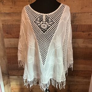 Cupshe White Crochet /gauze Fringe Blouse BOHO